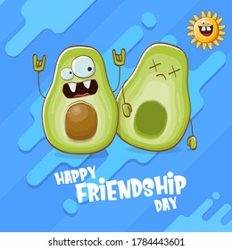 Happy friendship day cartoon comic greeting card with two avocado friends isolated on abstract blue background. Friendship day funky greeting card or party poster. BFF concept 