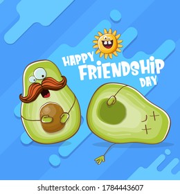 Happy friendship day cartoon comic greeting card with two avocado friends isolated on abstract blue background. Friendship day funky greeting card or party poster. BFF concept 