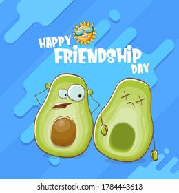 Happy friendship day cartoon comic greeting card with two avocado friends isolated on abstract blue background. Friendship day funky greeting card or party poster. BFF concept 