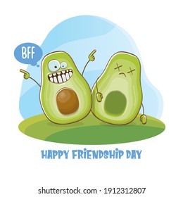 Happy friendship day cartoon comic greeting card with funky two avocado friends. Friendship day funky greeting card or party poster. BFF concept 
