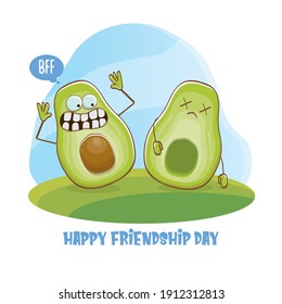 Happy friendship day cartoon comic greeting card with funky two avocado friends. Friendship day funky greeting card or party poster. BFF concept 