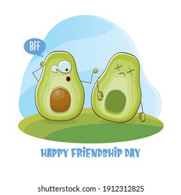 Happy friendship day cartoon comic greeting card with funky two avocado friends. Friendship day funky greeting card or party poster. BFF concept 