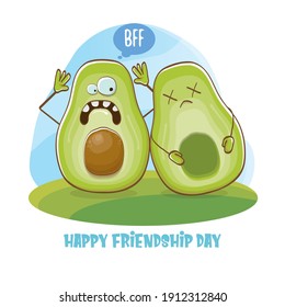 Happy friendship day cartoon comic greeting card with funky two avocado friends. Friendship day funky greeting card or party poster. BFF concept 