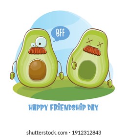 Happy friendship day cartoon comic greeting card with funky two avocado friends. Friendship day funky greeting card or party poster. BFF concept 