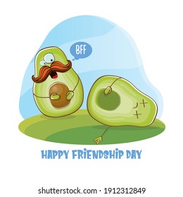 Happy friendship day cartoon comic greeting card with funky two avocado friends. Friendship day funky greeting card or party poster. BFF concept 