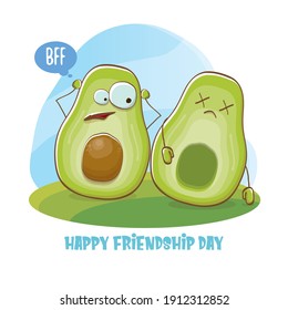 Happy friendship day cartoon comic greeting card with funky two avocado friends. Friendship day funky greeting card or party poster. BFF concept 