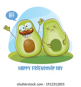 Happy friendship day cartoon comic greeting card with funky two avocado friends. Friendship day funky greeting card or party poster. BFF concept 