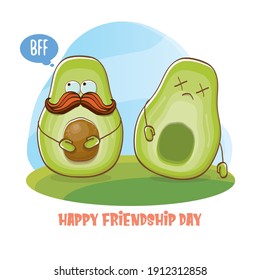 Happy friendship day cartoon comic greeting card with funky two avocado friends. Friendship day funky greeting card or party poster. BFF concept 