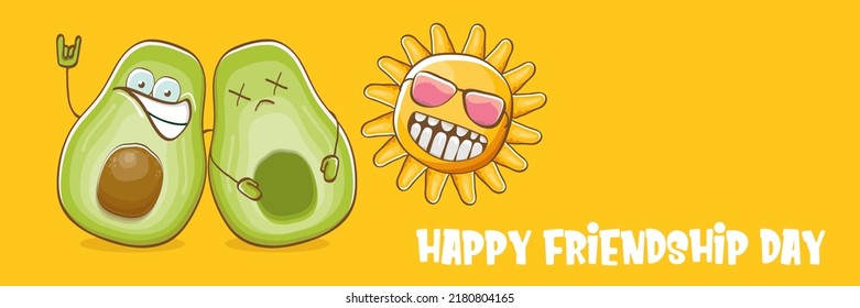 Happy friendship day cartoon comic horizontal banner with two funky avocado friends and cartoon sun isolated on orange background. Friendship day funky greeting card or party flyer. BFF concept