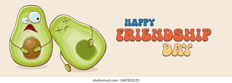 Happy friendship day cartoon comic horizontal banner with two funky avocado friends and GROOVY TEXT isolated on background. Friendship day funky greeting card, sticker, logo, party flyerr. BFF concept