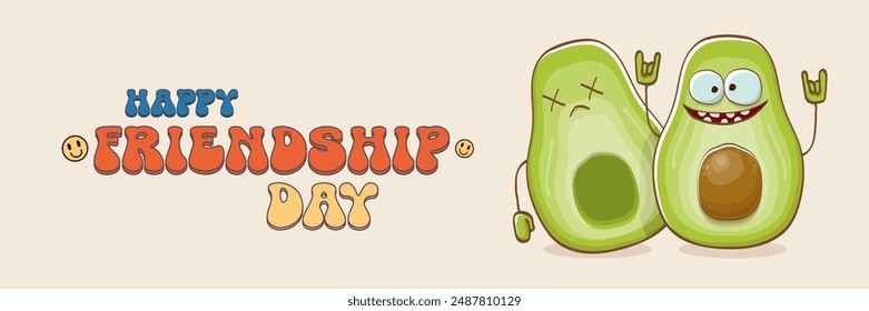 Happy friendship day cartoon comic horizontal banner with two funky avocado friends and GROOVY TEXT isolated on background. Friendship day funky greeting card, sticker, logo, party flyerr. BFF concept