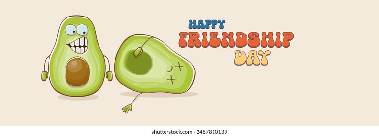 Happy friendship day cartoon comic horizontal banner with two funky avocado friends and GROOVY TEXT isolated on background. Friendship day funky greeting card, sticker, logo, party flyerr. BFF concept