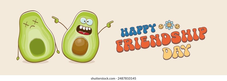 Happy friendship day cartoon comic horizontal banner with two funky avocado friends and GROOVY TEXT isolated on background. Friendship day funky greeting card, sticker, logo, party flyerr. BFF concept
