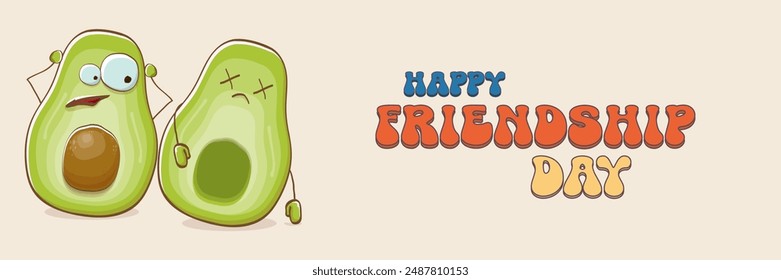 Happy friendship day cartoon comic horizontal banner with two funky avocado friends and GROOVY TEXT isolated on background. Friendship day funky greeting card, sticker, logo, party flyerr. BFF concept