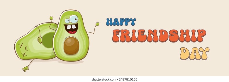 Feliz día de la amistad de dibujos animados Anuncio Horizontal cómico con dos amigos de aguacate funky y GROOVY TEXT aislado en el fondo. Tarjeta de felicitación funky del día de la amistad, etiqueta engomada, logotipo, folleto de la fiesta. Concepto BFF