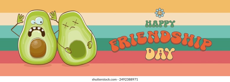 Happy friendship day cartoon comic horizontal banner with two funky avocado friends and GROOVY TEXT isolated on rainbow. Friendship day funky greeting card, sticker, logo, party flyerr. BFF concept