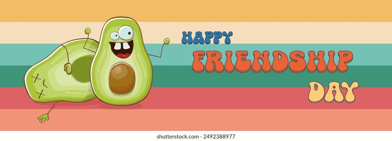 Happy friendship day cartoon comic horizontal banner with two funky avocado friends and GROOVY TEXT isolated on rainbow. Friendship day funky greeting card, sticker, logo, party flyerr. BFF concept