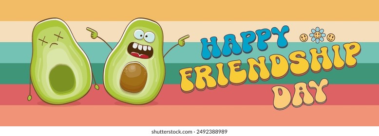 Happy friendship day cartoon comic horizontal banner with two funky avocado friends and GROOVY TEXT isolated on rainbow. Friendship day funky greeting card, sticker, logo, party flyerr. BFF concept