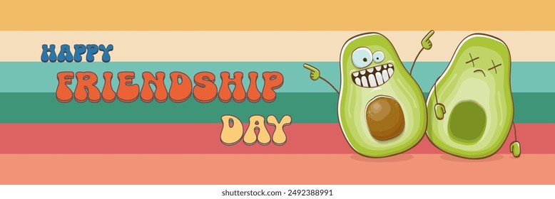 Happy friendship day cartoon comic horizontal banner with two funky avocado friends and GROOVY TEXT isolated on rainbow. Friendship day funky greeting card, sticker, logo, party flyerr. BFF concept