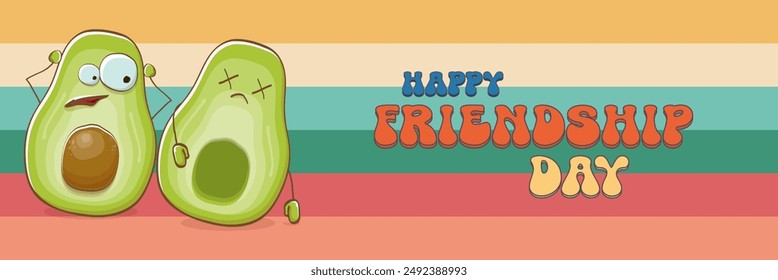 Happy friendship day cartoon comic horizontal banner with two funky avocado friends and GROOVY TEXT isolated on rainbow. Friendship day funky greeting card, sticker, logo, party flyerr. BFF concept