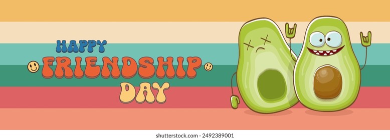 Happy friendship day cartoon comic horizontal banner with two funky avocado friends and GROOVY TEXT isolated on rainbow. Friendship day funky greeting card, sticker, logo, party flyerr. BFF concept