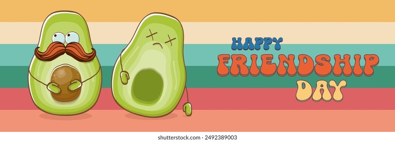 Happy friendship day cartoon comic horizontal banner with two funky avocado friends and GROOVY TEXT isolated on rainbow. Friendship day funky greeting card, sticker, logo, party flyerr. BFF concept