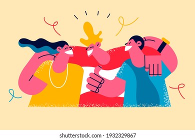 Happy friendship day celebration concept. Group of young cheerful people cartoon characters standing hugging embracing feeling positive together vector illustration