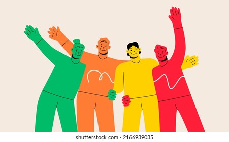 Happy friendship day celebration concept. Group of young cheerful people cartoon characters standing hugging embracing feeling positive together. Colorful vector illustration 
