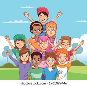 happy friendship day celebration with group of kids in the park vector illustration design