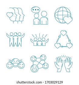 happy friendship day celebration love relationship support team icons set vector illustration line style