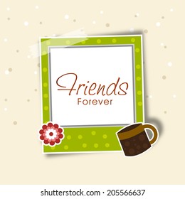 Happy Friendship Day celebrations concept with photograph on stars decorated beige background. 