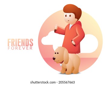 Happy Friendship Day celebrations concept with little boy with his friend cute dog on creative nature background. 