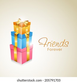 Happy Friendship Day celebrations concept with colorful gift boxes and yellow ribbon on beige background. 
