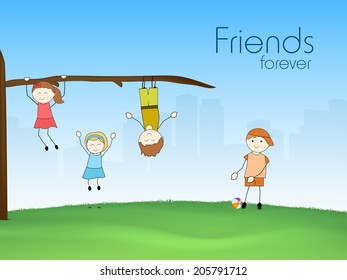 Happy Friendship Day celebrations concept with cute little kids playing on ground. 