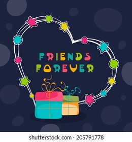 Happy Friendship Day celebrations concept with colorful gift boxes and heart shape on blue background. 