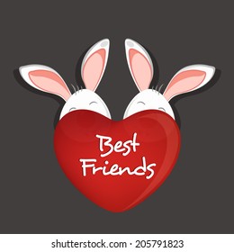 Happy Friendship Day celebrations concept with cute bunnies hiding behind red heart shape on grey background. 