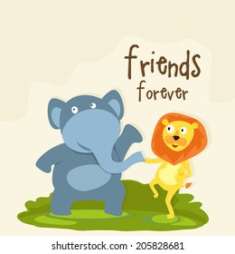 Happy Friendship Day celebrations concept with cute elephant and lion shaking hands on nature background. 