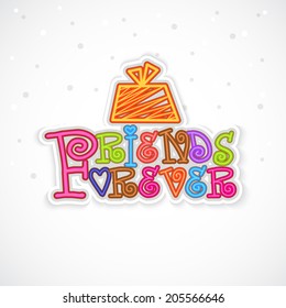 Happy Friendship Day celebrations greeting card design with colorful text and gift boxes on grey background. 