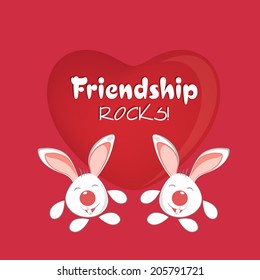 Happy Friendship Day celebrations greeting card design with cute bunnies on glossy red heart decorated background. 