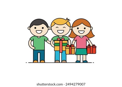 Happy Friendship Day: Cheerful Friends with Gifts Vector Illustration, Cartoon, Clipart, and Line Art Design for Printable Graphics