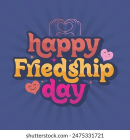 Happy Friendship day colorful typography vector illustration with cute hearts and friendship elements on a blue background. Friendship day poster, banner, greeting card template design.