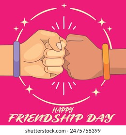 Happy Friendship day colorful typography vector illustration with cute hearts and friendship elements on a blue background. Friendship day poster, banner, greeting card template design.