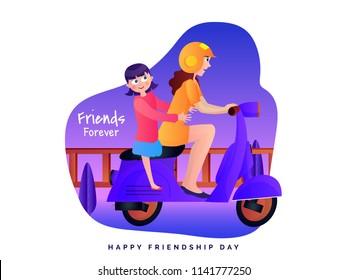 Happy Friendship Day concept with illustration of a friendship bond between mommy and daughter enjoying bike ride. 