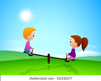 Happy friendship day concept with two little kids playing on seesaw.