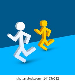 Happy friendship day concept with two friends running on blue background.