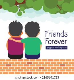 happy friendship day concept, two friends sitting on wall