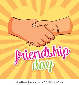 Happy friendship day with cool hands sign cartoons on striped yellow background vector editable image