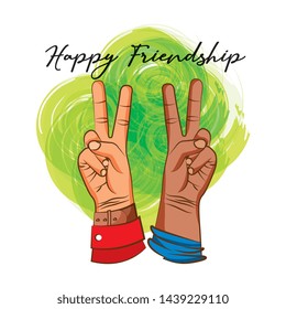 Happy friendship day with cool hands sign on colorful splash cartoons vector editable image