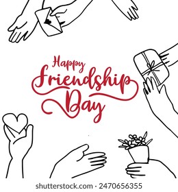 Feliz Día de la Amistad, concepto creativo. Feliz Día de la Amistad Ilustración vectorial con texto y Elementos de amor para celebrar el día de la amistad. Día de la amistad tipografía tarjeta de felicitación ideas creativas