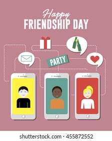 Happy friendship day creative vector concept flat illustration, invite for party by phone, messaging, gift, present, drink, friend message for posters and covers.
